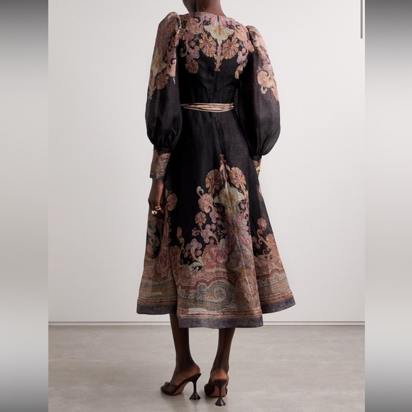 ZIMMERMANN Illustration Belted Printed Linen Silk Blend Organza Midi Dress Black - Picture 14 of 16